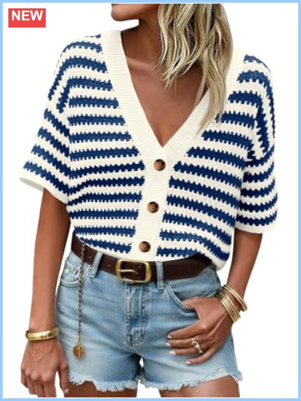 Women's Striped Short Sleeve Cardigan Button Up Crochet Sweater